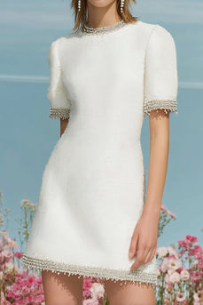 Tweed White Round Neck Short Sleeves Homecoming Dress