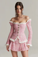 Load image into Gallery viewer, Tweed Pink Off the Shoulder 2 Piece Short Blazer Homecoming Outfits