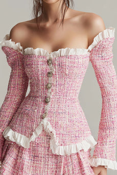 Tweed Pink Off the Shoulder 2 Piece Short Blazer Homecoming Outfits