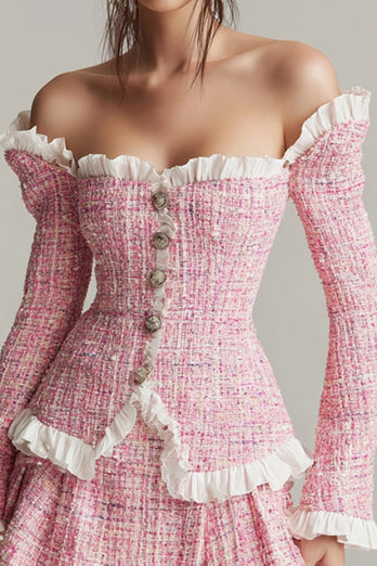 Tweed Pink Off the Shoulder 2 Piece Short Blazer Homecoming Outfits