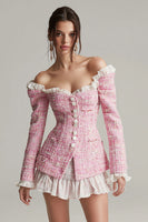 Load image into Gallery viewer, Pink Tweed 2 Piece Off the Shoulder Short Blazer Homecoming Outfits