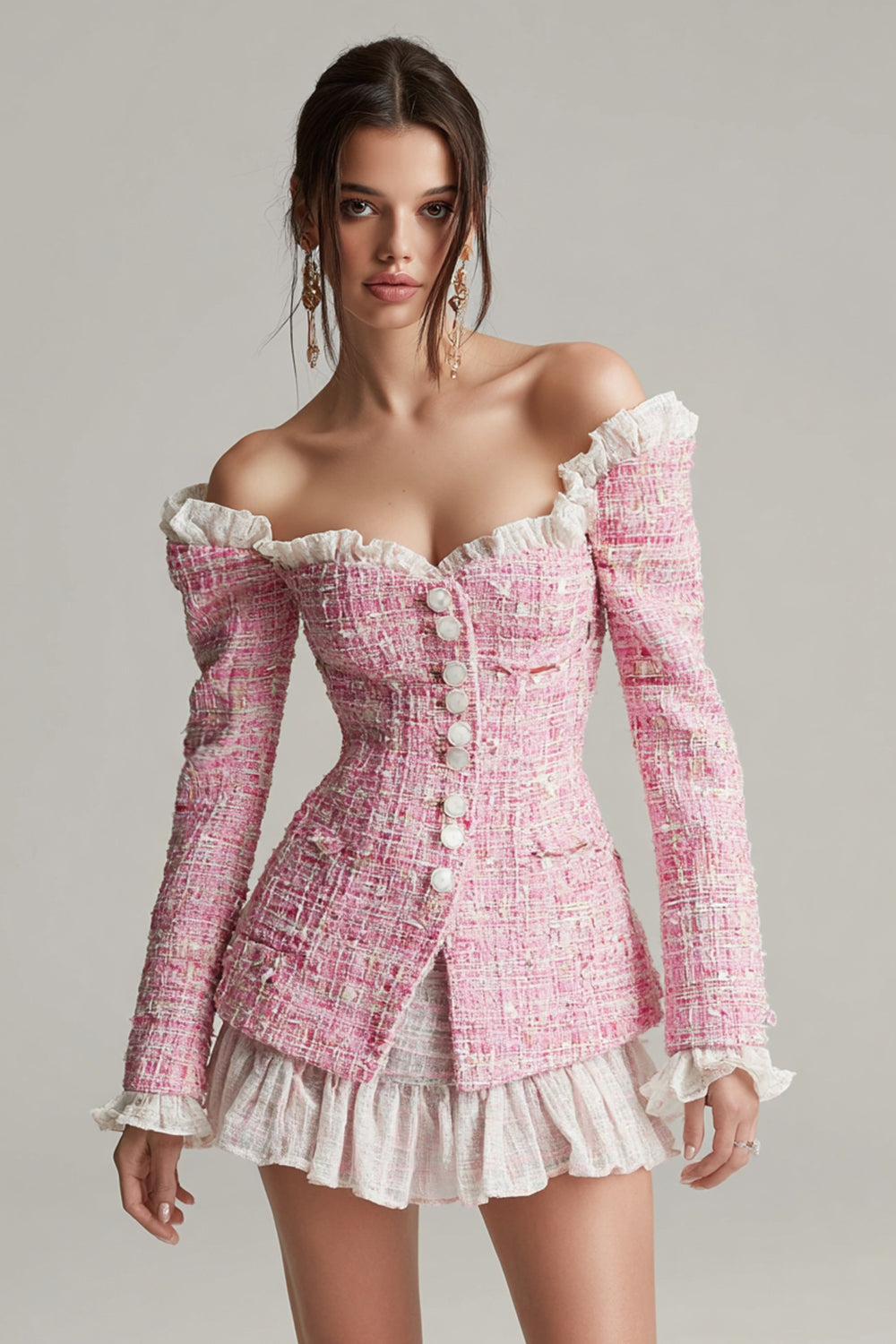 Pink Tweed 2 Piece Off the Shoulder Short Blazer Homecoming Outfits