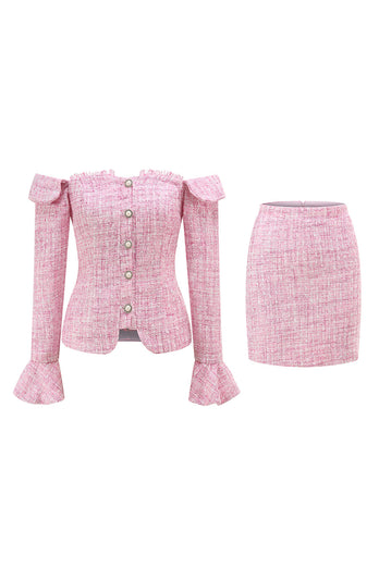 Pink 2 Piece Tweed Off the Shoulder Pencil Homecoming Outfits