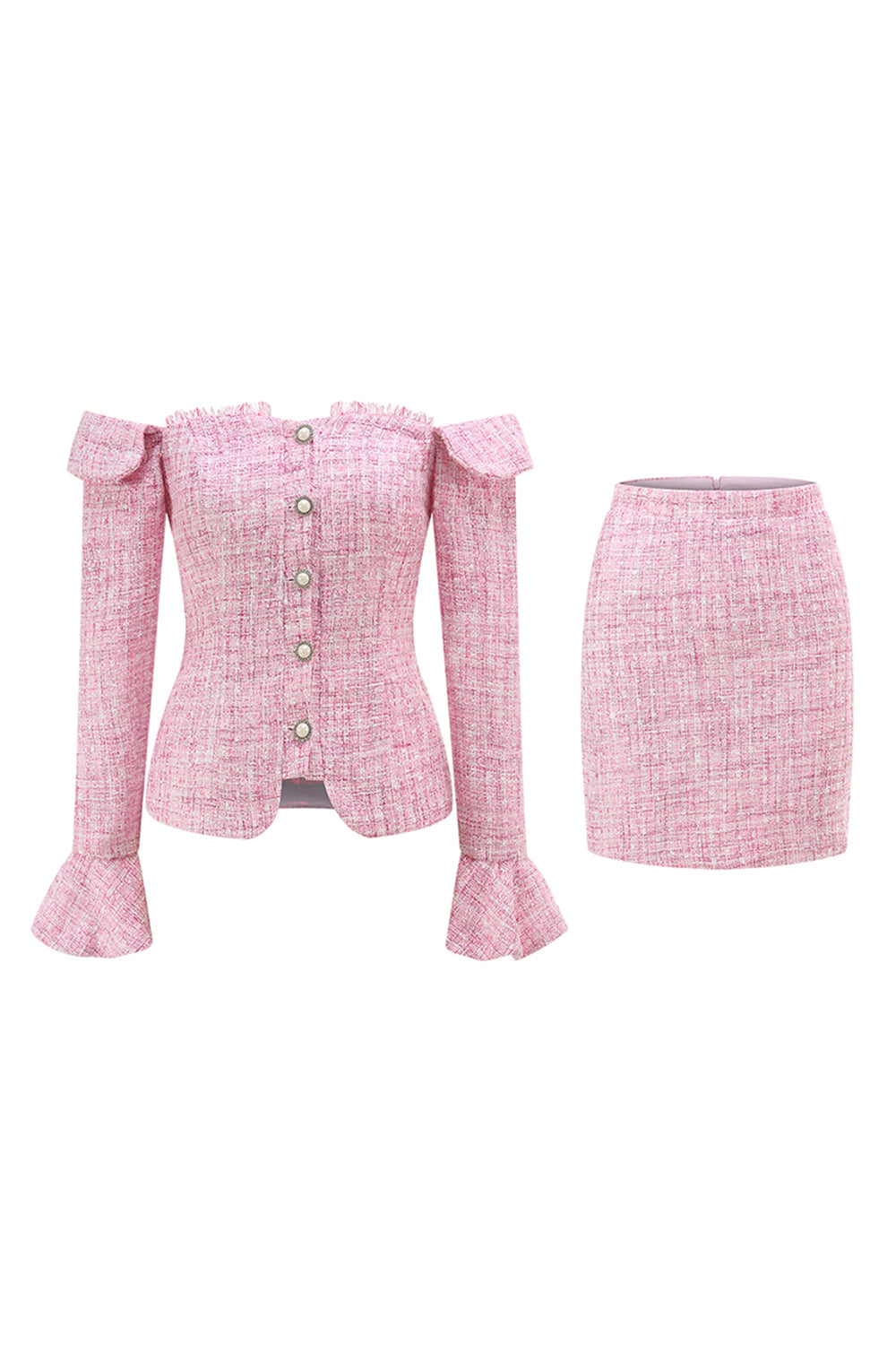 Pink 2 Piece Tweed Off the Shoulder Pencil Homecoming Outfits