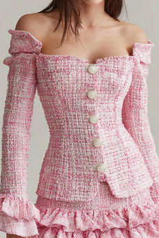Pink 2 Piece Tweed Short Blazer Homecoming Outfits with Ruffles
