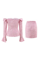 Load image into Gallery viewer, Pink 2 Piece Tweed Off the Shoulder Pencil Homecoming Outfits