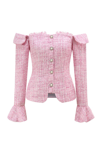 Pink 2 Piece Tweed Off the Shoulder Pencil Homecoming Outfits