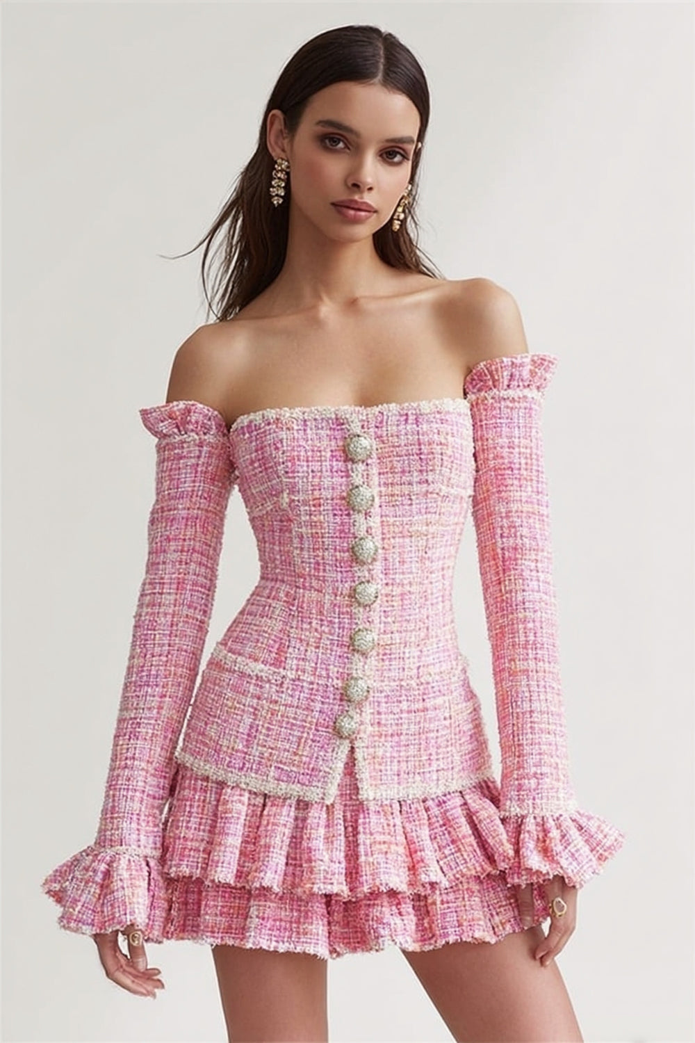 Tweed Pink 2 Piece Tiered Short Blazer Homecoming Outfits with Ruffles
