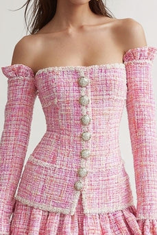 Tweed Pink 2 Piece Tiered Short Blazer Homecoming Outfits with Ruffles