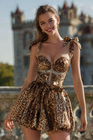 Load image into Gallery viewer, Sparkly Leopard Khaki Printed Short Homecoming Dress with Bows