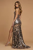 Load image into Gallery viewer, Sparkly Golden Leopard Printed Metallic Long Holiday Party Dress with Slit