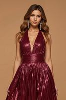 Load image into Gallery viewer, Sparkly Burgundy Metallic Halter Midi Holiday Party Dress with Slit