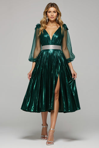 Sparkly Dark Green Metallic Midi Holiday Party Dress with Slit