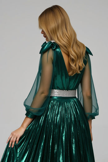 Sparkly Dark Green Metallic Midi Holiday Party Dress with Slit