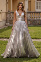 Load image into Gallery viewer, Sparkly Metallic Silver Thick Straps Backless Long Prom Dress
