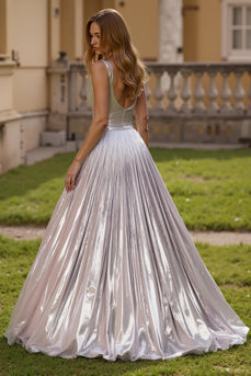 Sparkly Metallic Silver Thick Straps Backless Long Prom Dress
