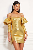Load image into Gallery viewer, Sparkly Golden Tight Metallic Short Homecoming Dress with Ruffles
