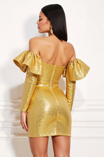 Sparkly Golden Tight Metallic Short Homecoming Dress with Ruffles
