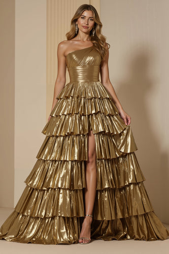 Sparkly Golden Metallic Tiered One Shoulder Long Prom Dress with Slit