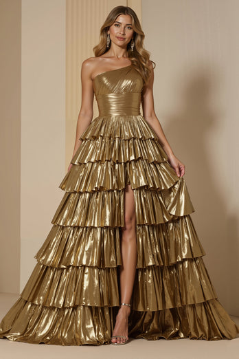 Sparkly Golden Metallic Tiered One Shoulder Long Prom Dress with Slit
