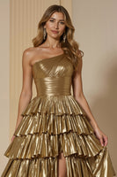 Load image into Gallery viewer, Sparkly Golden Metallic Tiered One Shoulder Long Prom Dress with Slit