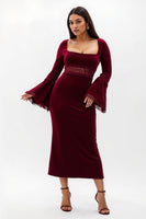 Load image into Gallery viewer, Burgundy Flare Sleeves Long Holiday Party Dress with Lace