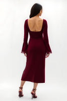 Load image into Gallery viewer, Burgundy Flare Sleeves Long Holiday Party Dress with Lace