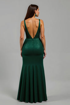 Sparkly Dark Green Sequins Deep V-Neck Long Holiday Party Dress with Slit