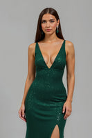 Load image into Gallery viewer, Sparkly Dark Green Sequins Deep V-Neck Long Holiday Party Dress with Slit