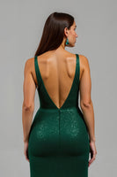 Load image into Gallery viewer, Sparkly Dark Green Sequins Deep V-Neck Long Holiday Party Dress with Slit