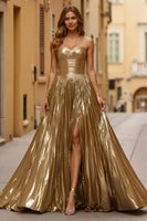 Load image into Gallery viewer, Sparkly Golden Metallic Ruched Halter Long Prom Dress with Slit