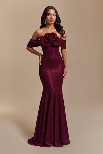 Sparkly Burgundy Mermaid Sequins Long Holiday Party Dress with 3D Flowers
