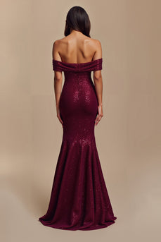 Sparkly Burgundy Mermaid Sequins Long Holiday Party Dress with 3D Flowers