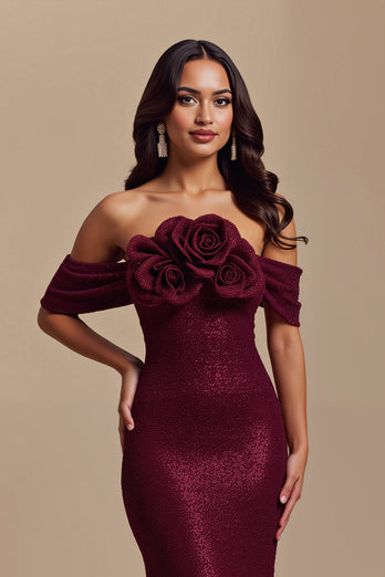 Sparkly Burgundy Mermaid Sequins Long Holiday Party Dress with 3D Flowers