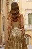 Load image into Gallery viewer, Sparkly Golden Metallic Ruched Halter Long Prom Dress with Slit