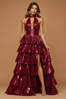 Load image into Gallery viewer, Sparkly Burgundy Metallic Tiered Halter Long Prom Dress with Slit