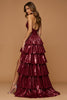 Load image into Gallery viewer, Sparkly Burgundy Metallic Tiered Halter Long Prom Dress with Slit