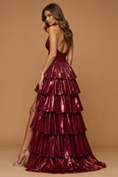 Load image into Gallery viewer, Sparkly Burgundy Metallic Tiered Halter Long Prom Dress with Slit