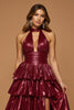 Load image into Gallery viewer, Sparkly Burgundy Metallic Tiered Halter Long Prom Dress with Slit