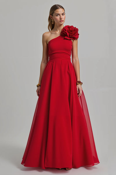 Red A Line One Shoulder Long Holiday Party Dress with 3D Flower