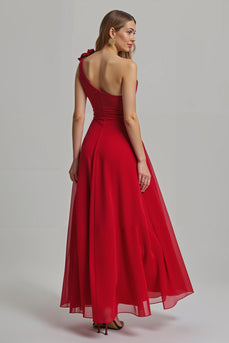 Red A Line One Shoulder Long Holiday Party Dress with 3D Flower
