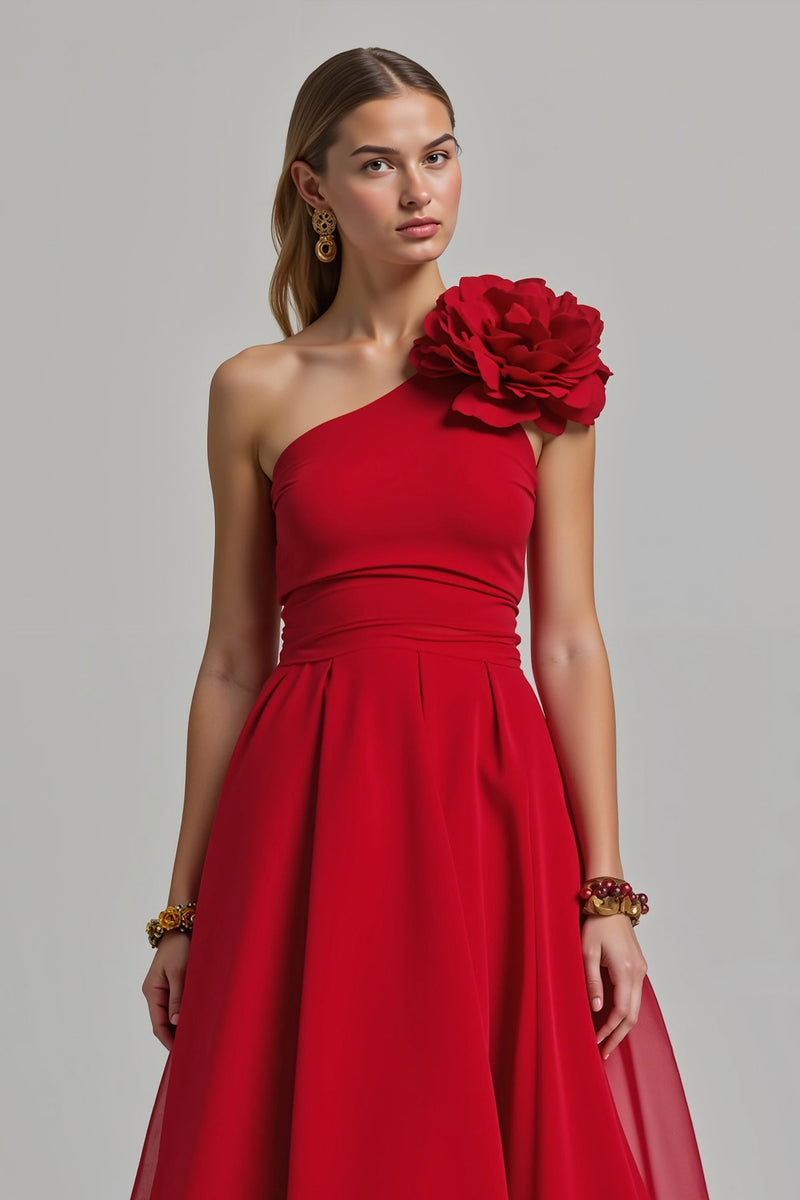 Load image into Gallery viewer, Red A Line One Shoulder Long Holiday Party Dress with 3D Flower