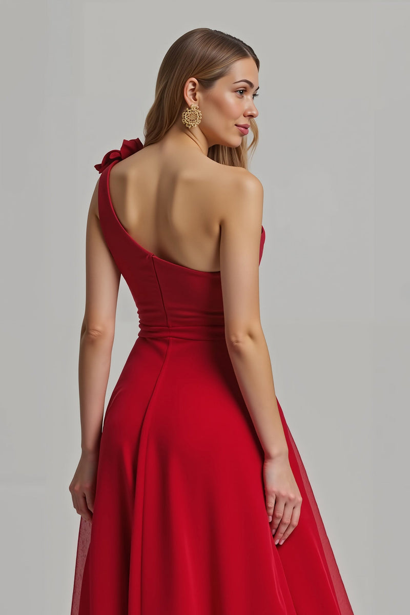 Load image into Gallery viewer, Red A Line One Shoulder Long Holiday Party Dress with 3D Flower