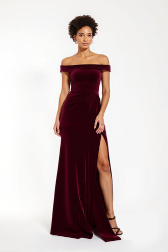 Burgundy Sheath Off the Shoulder Long Holiday Party Dress with Slit