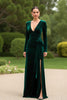 Load image into Gallery viewer, Dark Green V-Neck Sheath Long Sleeves Holiday Party Dress with Slit