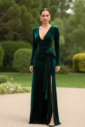 Dark Green V-Neck Sheath Long Sleeves Holiday Party Dress with Slit