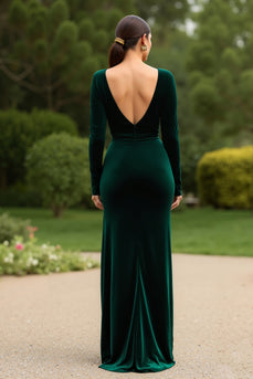 Dark Green V-Neck Sheath Long Sleeves Holiday Party Dress with Slit