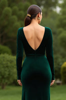Load image into Gallery viewer, Dark Green V-Neck Sheath Long Sleeves Holiday Party Dress with Slit