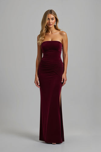 Simple Burgundy Strapless Sheath Long Holiday Party Dress with Slit