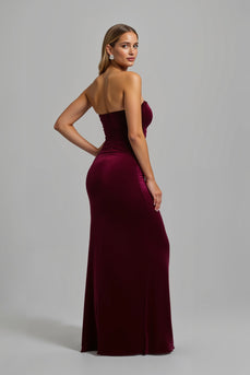 Simple Burgundy Strapless Sheath Long Holiday Party Dress with Slit